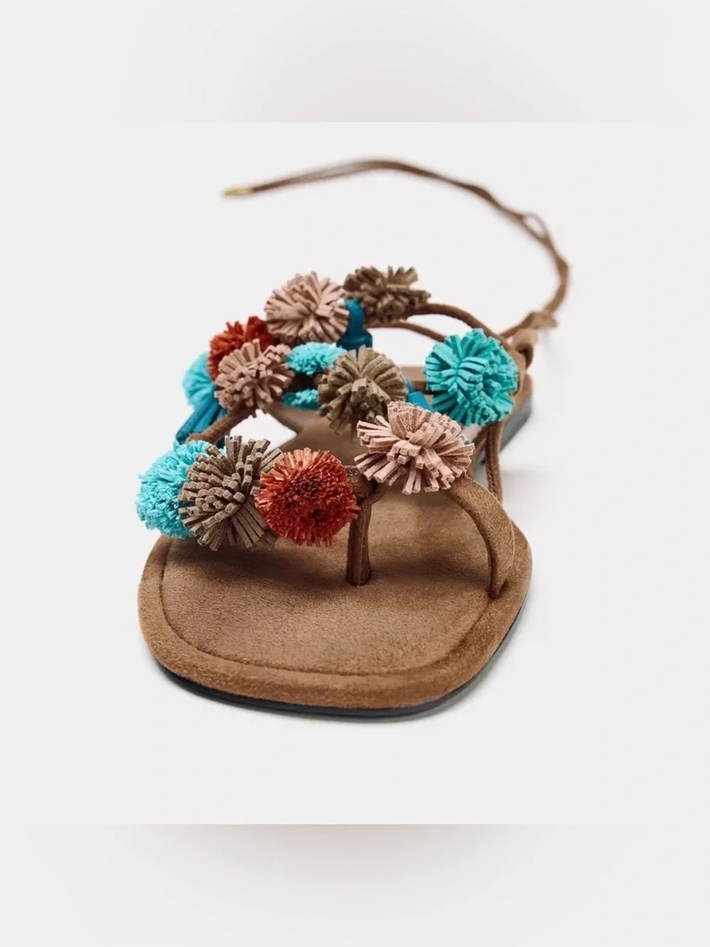 Zara Brown Pom-Pom Ankle Tie Sandals 39 - Picture 4 of 7
